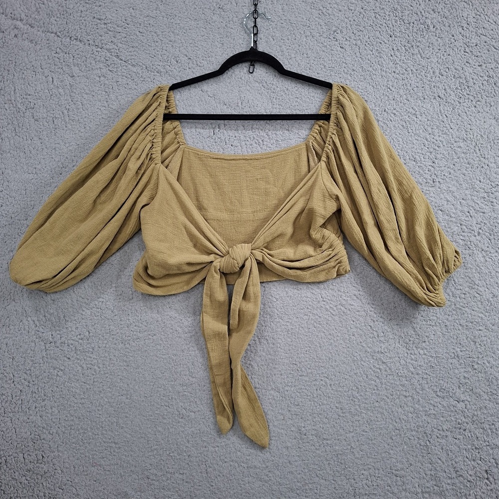 Jen's Pirate Booty for Free People Olive Green Cotton Puff Sleeve Tie Top S Boho
